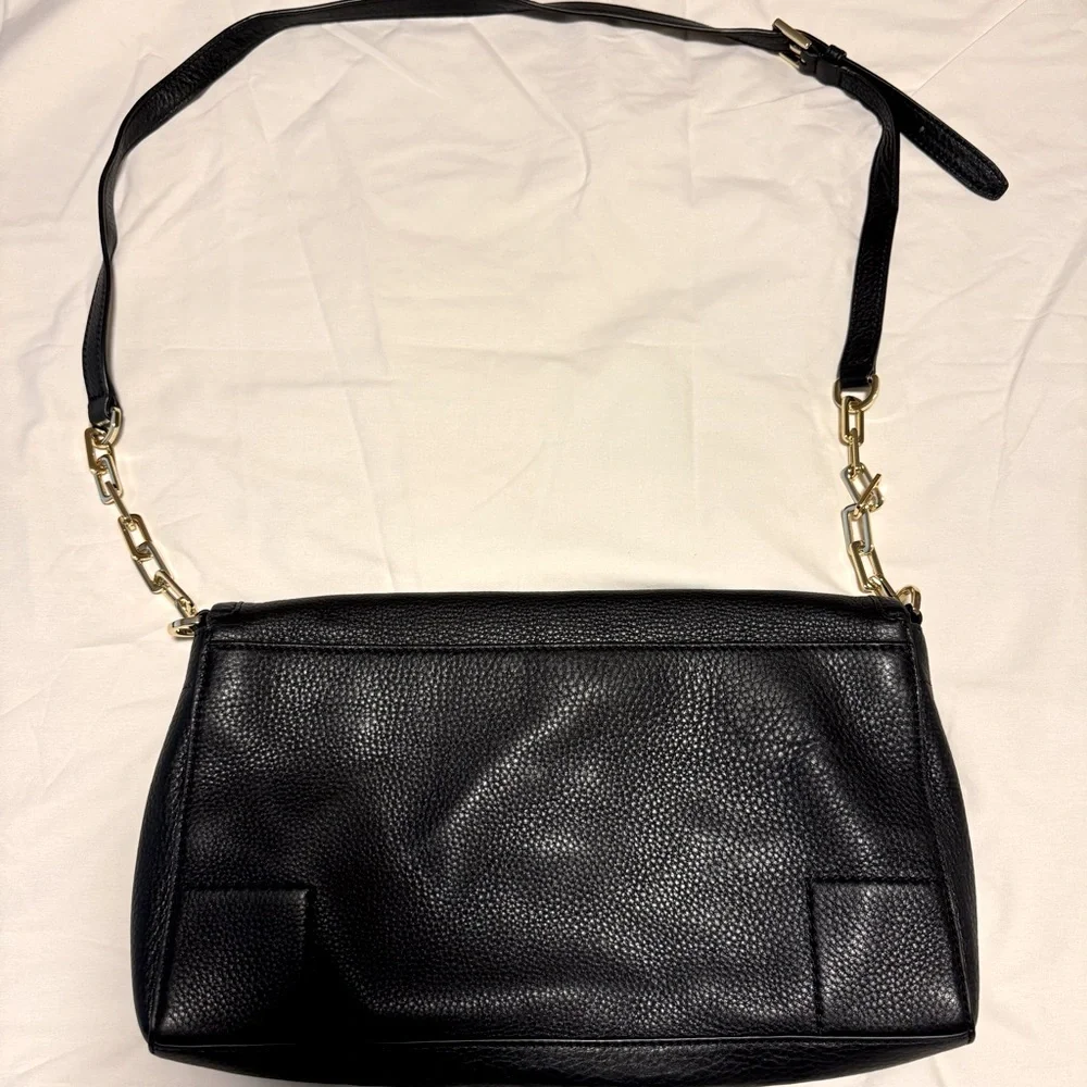 Tory Burch Britten Fold Over Messenger Black Leather Crossbody Purse - Picture 12 of 16